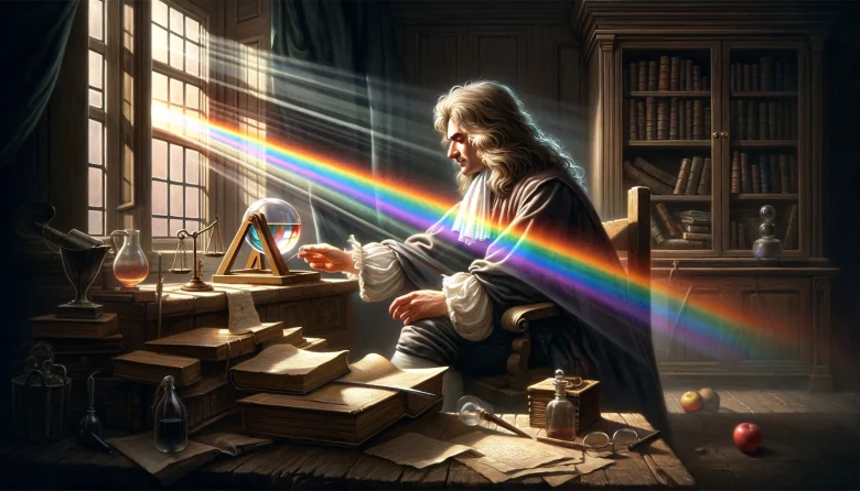 ニュートンはプリズムを使って太陽光を分解し、光が七色に分かれることを発見したことをイメージしたイラスト